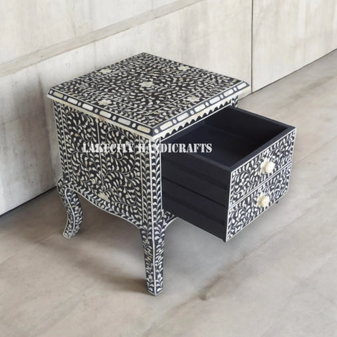 Bone Inlay Floral Design 2 Drawers Curved Leg Bedside Table Black