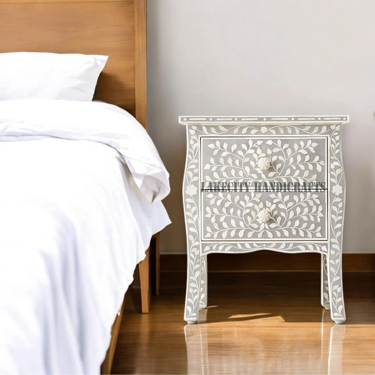 Bone Inlay Floral Design Curved 2 Drawer Bedside Table Grey