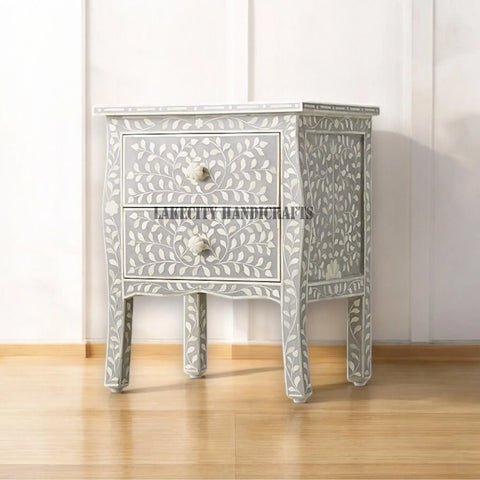 Bone Inlay Floral Design Curved 2 Drawer Bedside Table Grey