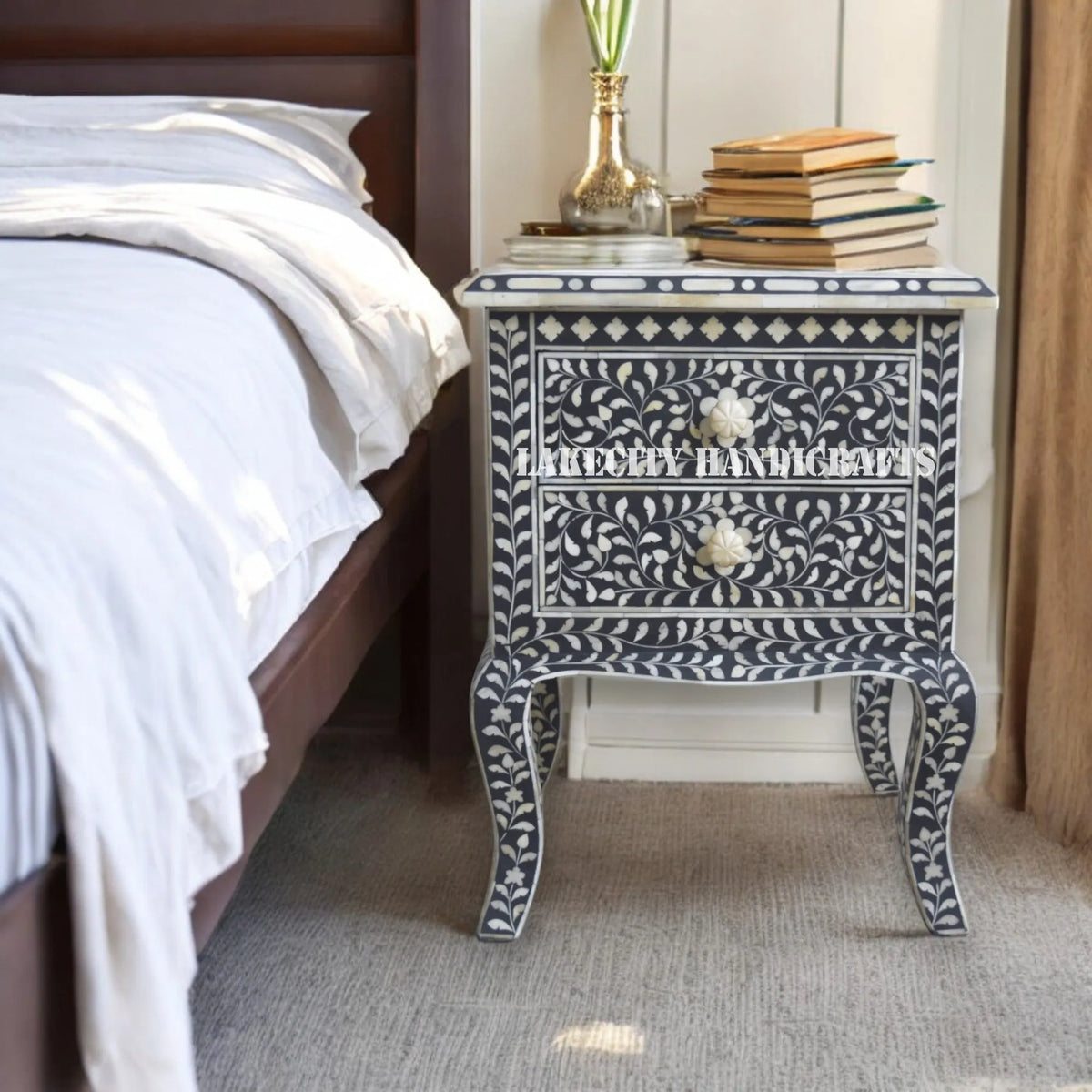 Bone Inlay Floral Design 2 Drawers Curved Leg Bedside Table Black