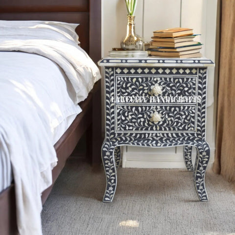 Bone Inlay Floral Design 2 Drawers Curved Leg Bedside Table Black