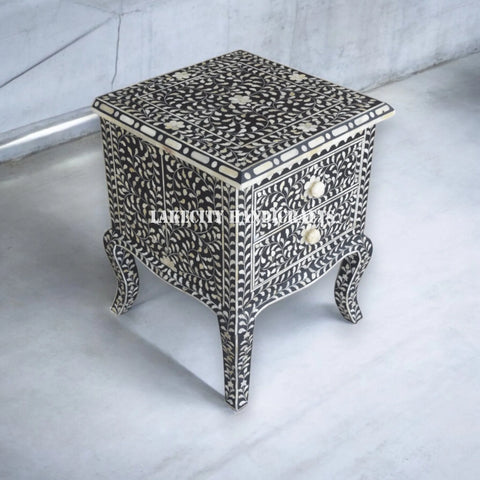 Bone Inlay Floral Design 2 Drawers Curved Leg Bedside Table Black