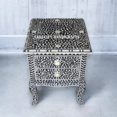 Bone Inlay Floral Design 2 Drawers Curved Leg Bedside Table Black