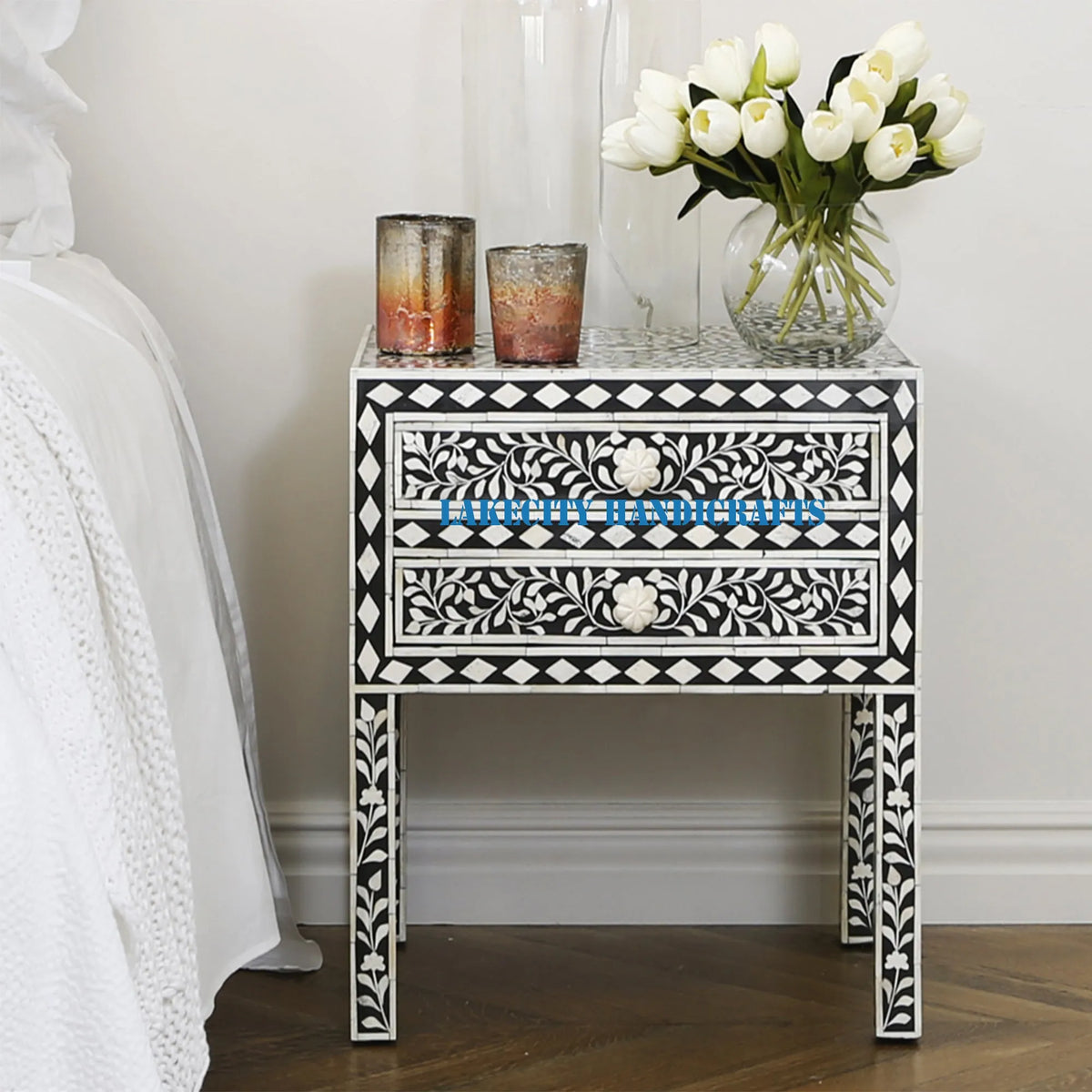 Bone Inlay Floral Design 2 Drawers Bedside Table Long Leg Black
