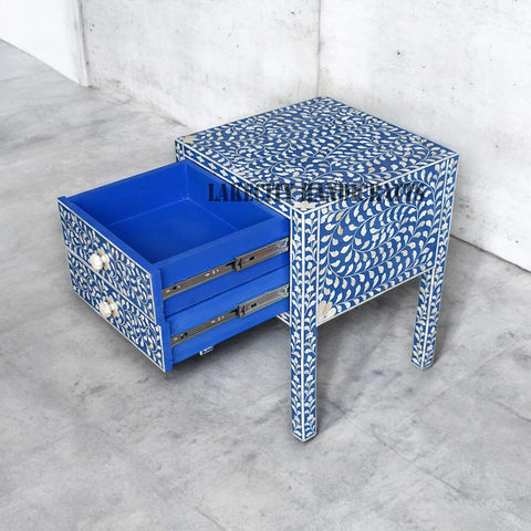 Bone Inlay Floral Design 2 Drawers Bedside Table Long Leg Blue