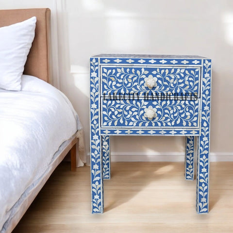 Bone Inlay Floral Design 2 Drawers Bedside Table Long Leg Blue