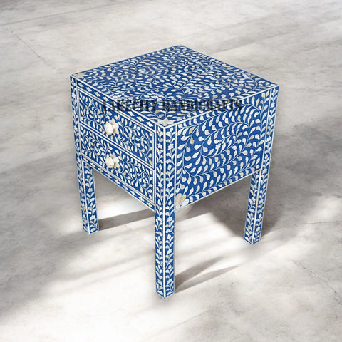 Bone Inlay Floral Design 2 Drawers Bedside Table Long Leg Blue