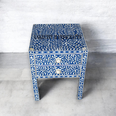 Bone Inlay Floral Design 2 Drawers Bedside Table Long Leg Blue
