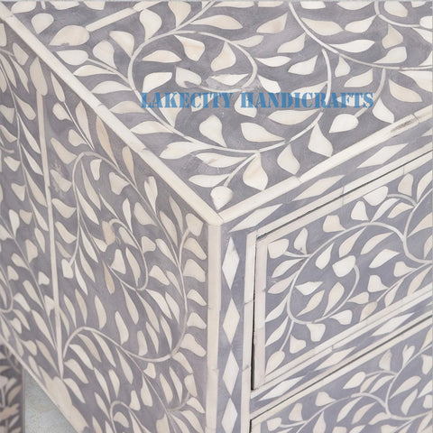 Bone Inlay Floral Design 2 Drawers Bedside Table Long Leg Grey