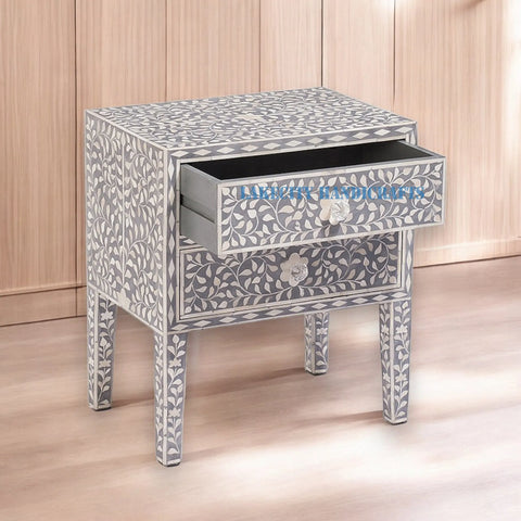 Bone Inlay Floral Design 2 Drawers Bedside Table Long Leg Grey