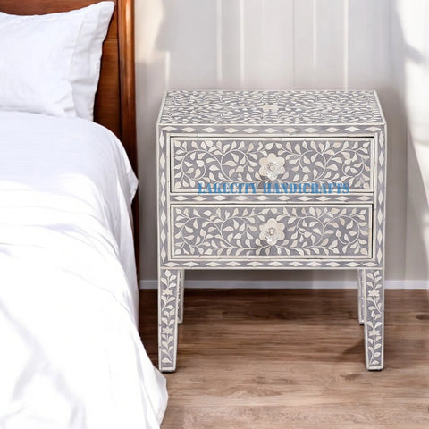 Bone Inlay Floral Design 2 Drawers Bedside Table Long Leg Grey