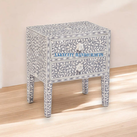 Bone Inlay Floral Design 2 Drawers Bedside Table Long Leg Grey