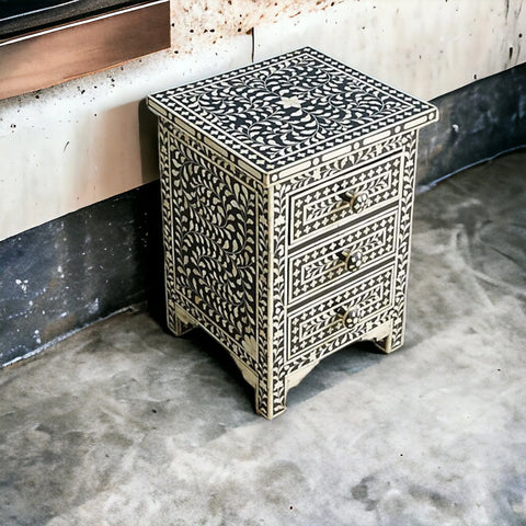 Bone Inlay Floral Design 3 Drawers Bedside Table | Bone Inlay Floral Design 3 Drawers Night Stand Table