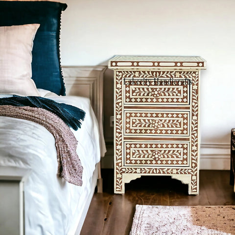 Bone Inlay Floral Design 3 Drawers Bedside Table | Bone Inlay Floral Design 3 Drawers Night Stand Table