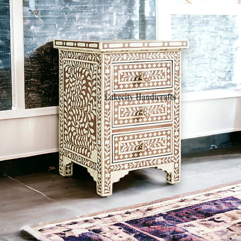 Bone Inlay Floral Design 3 Drawers Bedside Table | Bone Inlay Floral Design 3 Drawers Night Stand Table