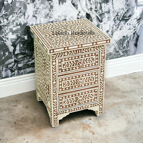 Bone Inlay Floral Design 3 Drawers Bedside Table | Bone Inlay Floral Design 3 Drawers Night Stand Table