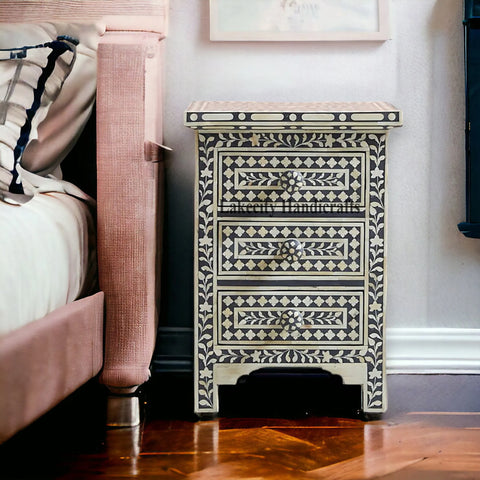 Bone Inlay Floral Design 3 Drawers Bedside Table | Bone Inlay Floral Design 3 Drawers Night Stand Table