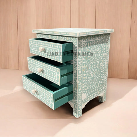 Bone Inlay Floral Design 3 Drawers Big Bedside Table Mint Green