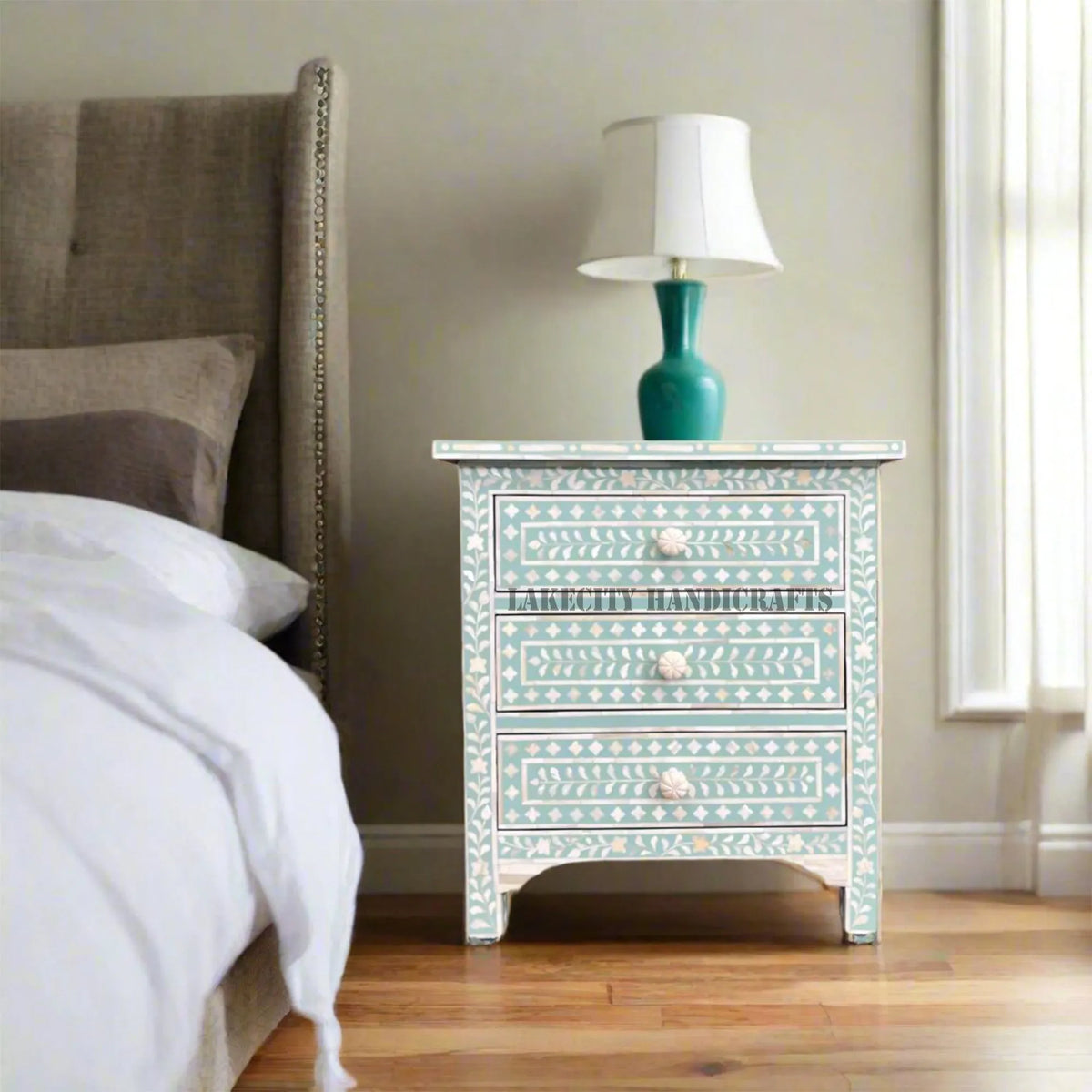 Bone Inlay Floral Design 3 Drawers Big Bedside Table Mint Green