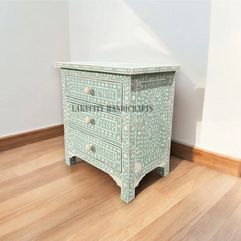 Bone Inlay Floral Design 3 Drawers Big Bedside Table Mint Green
