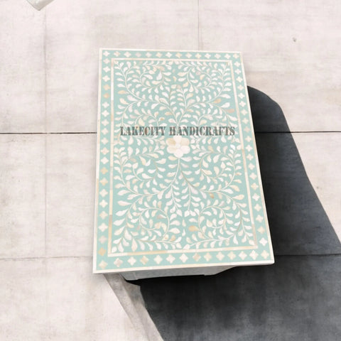 Bone Inlay Floral Design 3 Drawers Big Bedside Table Mint Green