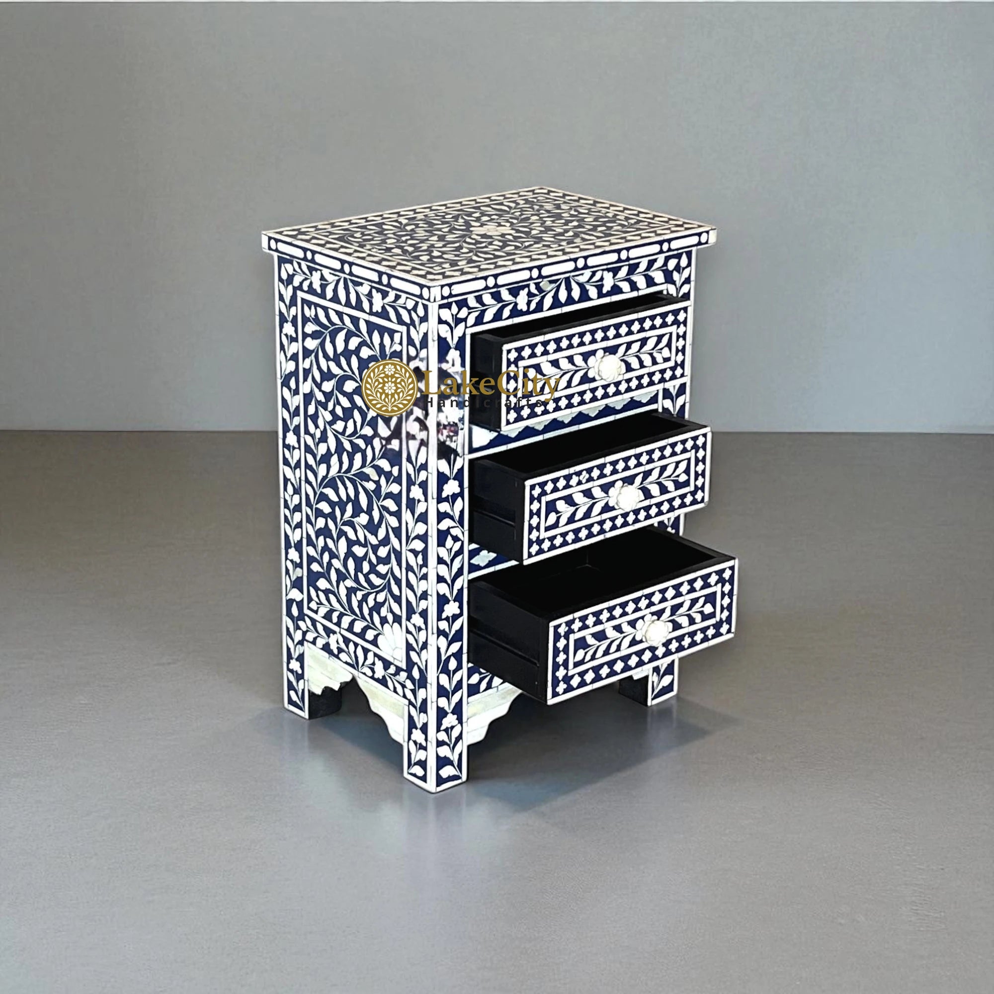 Bone Inlay Floral Design 3 Drawers Bedside Table | Bone Inlay Floral Design 3 Drawers Night Stand Table