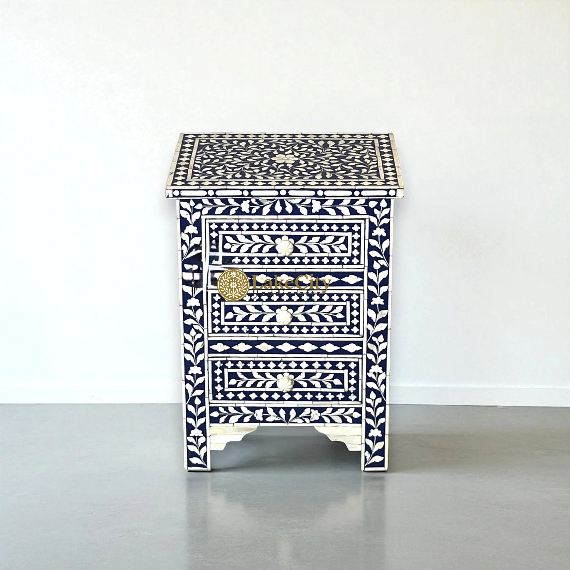 Bone Inlay Floral Design 3 Drawers Bedside Table | Bone Inlay Floral Design 3 Drawers Night Stand Table
