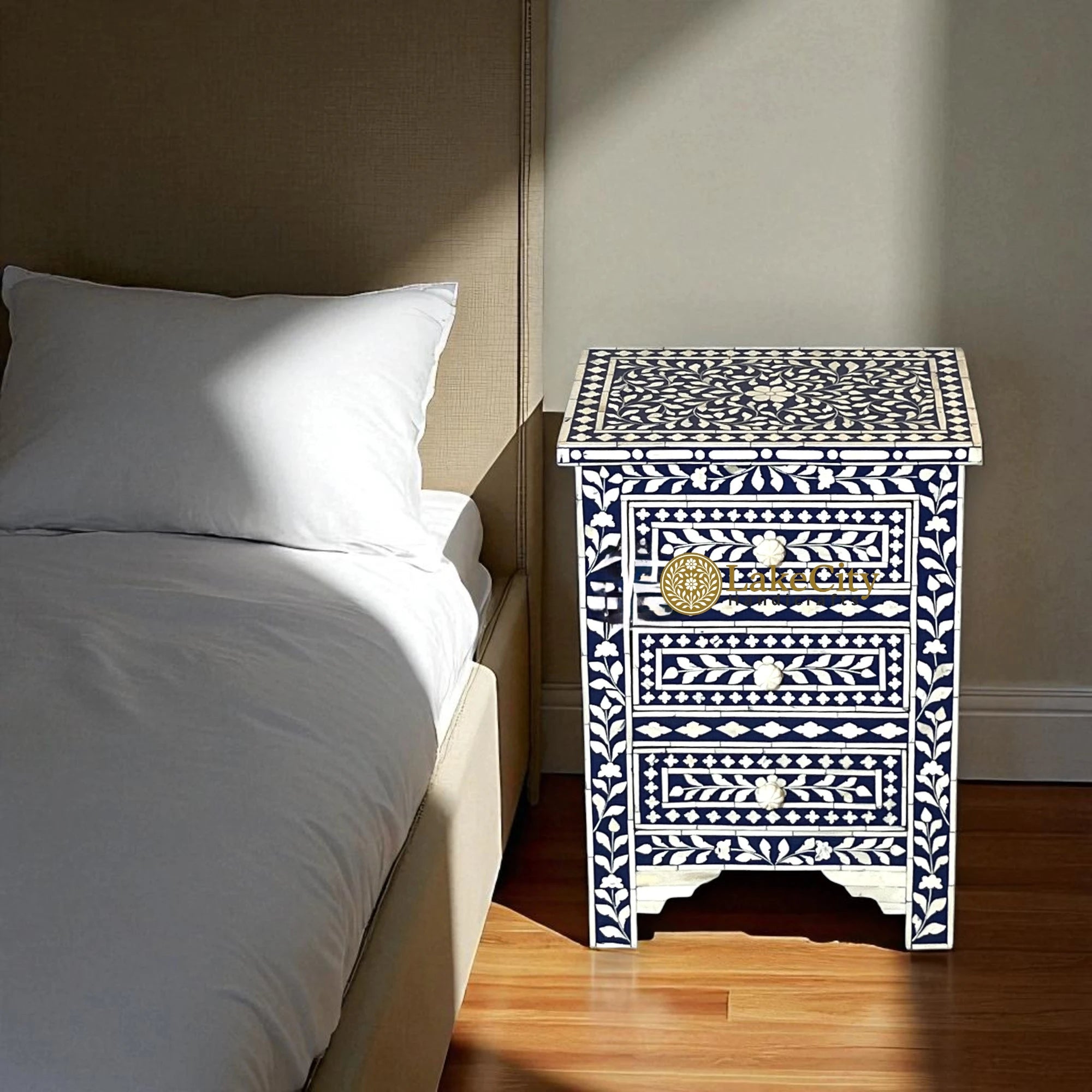 Bone Inlay Floral Design 3 Drawers Bedside Table | Bone Inlay Floral Design 3 Drawers Night Stand Table