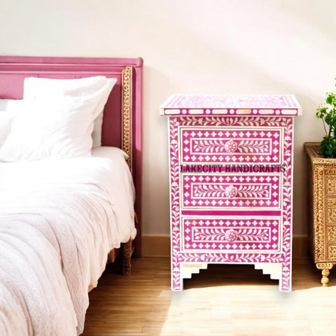 Bone Inlay Floral Design 3 Drawers Bedside Table | Bone Inlay Floral Design 3 Drawers Night Stand Table