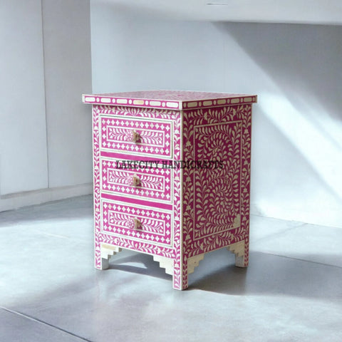 Bone Inlay Floral Design 3 Drawers Bedside Table | Bone Inlay Floral Design 3 Drawers Night Stand Table