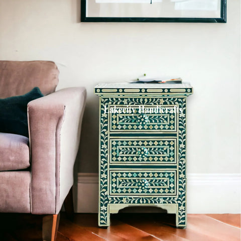 Bone Inlay Floral Design 3 Drawers Bedside Table | Bone Inlay Floral Design 3 Drawers Night Stand Table