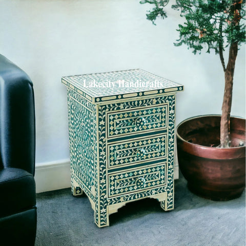 Bone Inlay Floral Design 3 Drawers Bedside Table | Bone Inlay Floral Design 3 Drawers Night Stand Table