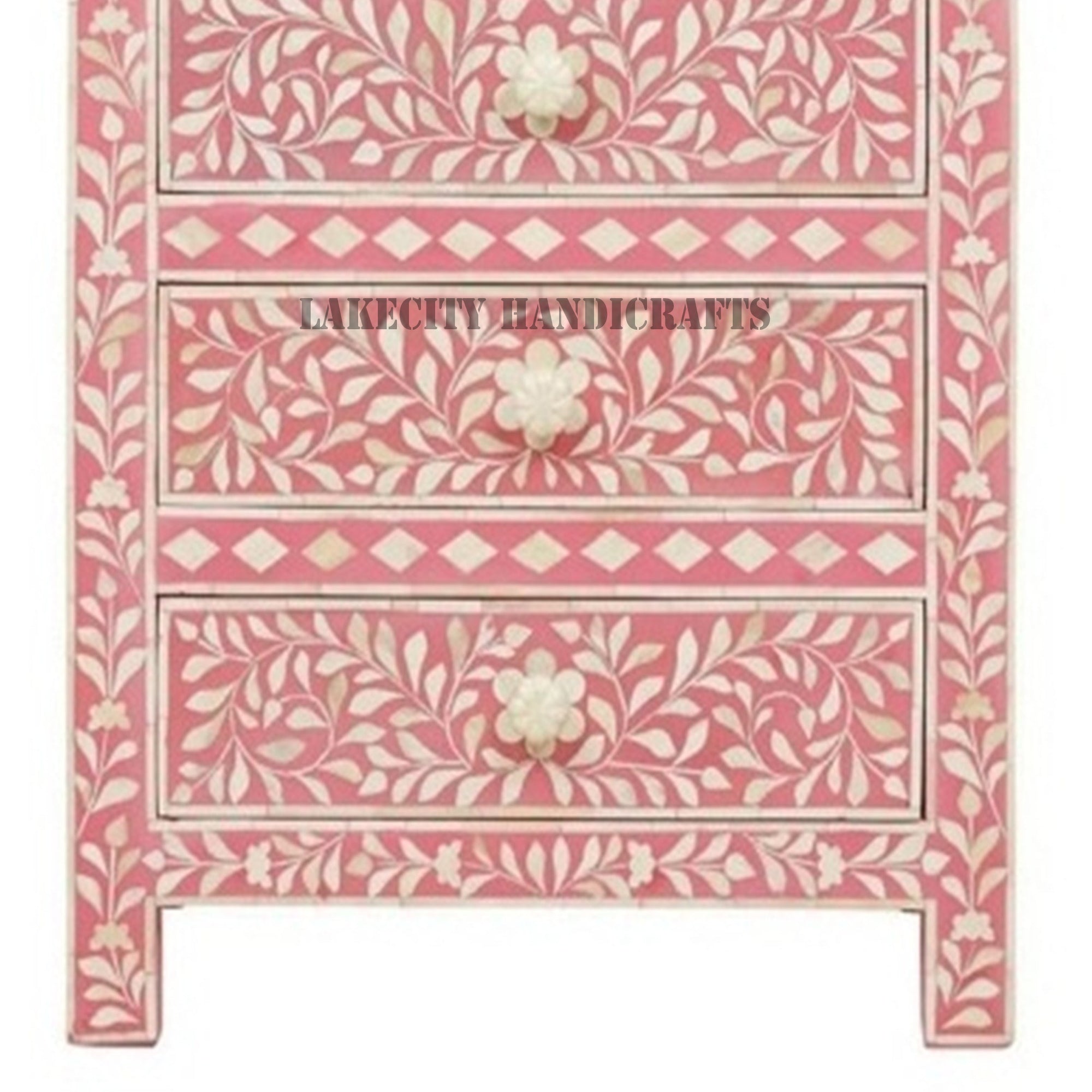 Bone Inlay Floral Design 3 Drawers Big Bedside Table Pink, Bone Inlay Floral Design 3 Drawers Big Nightstand Table Pink