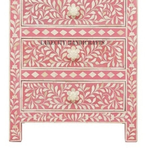 Bone Inlay Floral Design 3 Drawers Big Bedside Table Pink, Bone Inlay Floral Design 3 Drawers Big Nightstand Table Pink