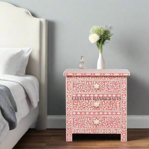 Bone Inlay Floral Design 3 Drawers Big Bedside Table Pink, Bone Inlay Floral Design 3 Drawers Big Nightstand Table Pink