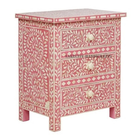 Bone Inlay Floral Design 3 Drawers Big Bedside Table Pink, Bone Inlay Floral Design 3 Drawers Big Nightstand Table Pink