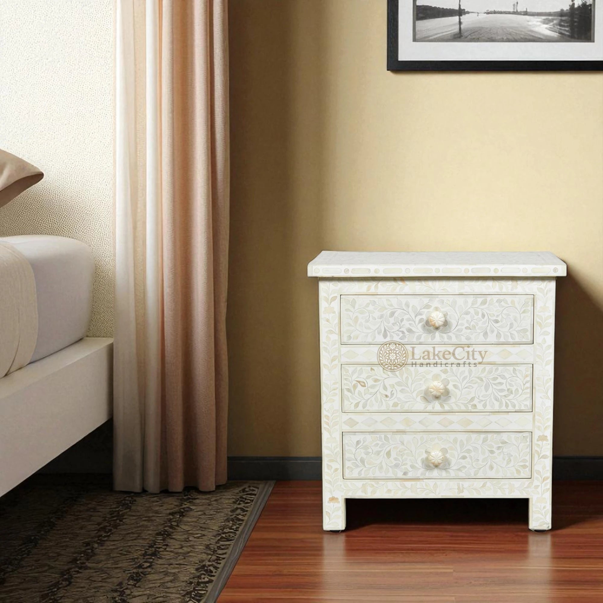 Bone Inlay Floral Design 3 Drawers Big Bedside Table | Bone Inlay Floral Design 3 Drawers Big Nightstand Table