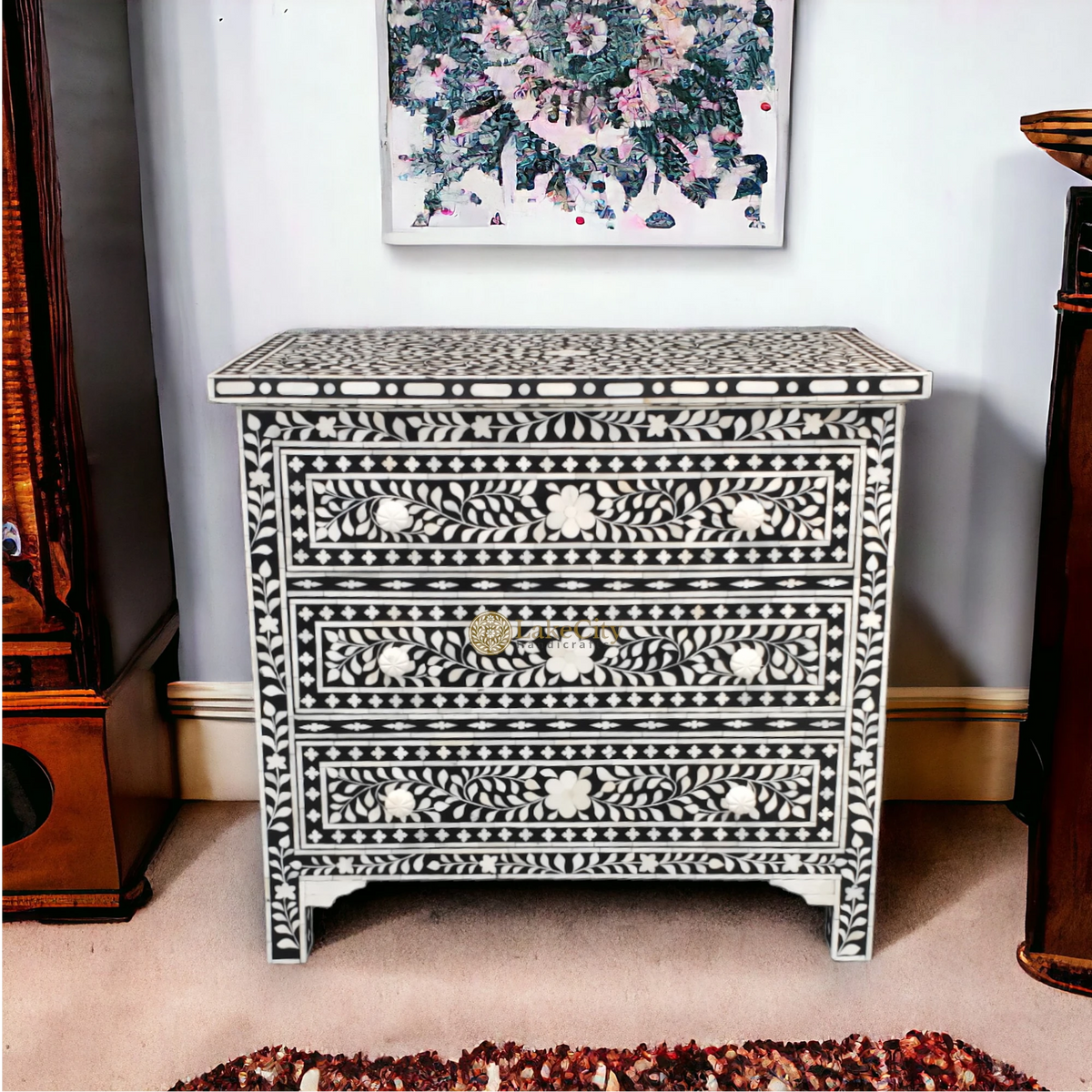 Bone Inlay Floral 3 Drawer Chest Black