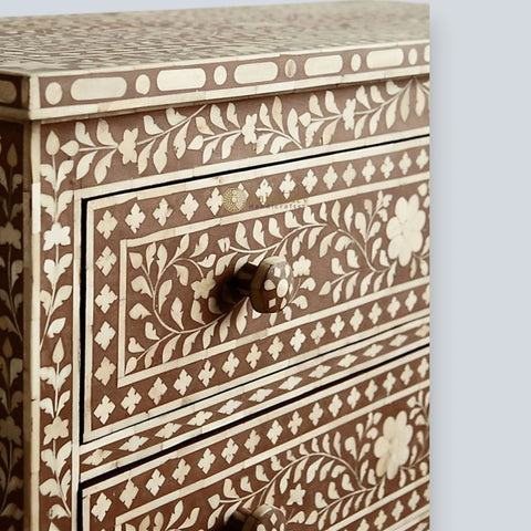 Bone Inlay Floral Design 3 Drawers Chest Brown