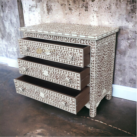 Bone Inlay Floral Design 3 Drawers Chest Brown