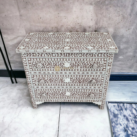 Bone Inlay Floral Design 3 Drawers Chest Brown