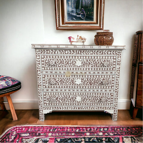 Bone Inlay Floral Design 3 Drawers Chest Brown