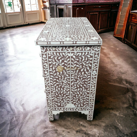 Bone Inlay Floral Design 3 Drawers Chest Brown