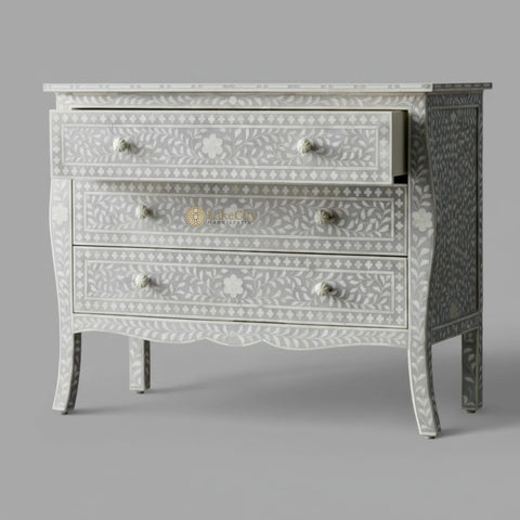 Bone Inlay Floral Design 3 Drawers Curved Leg Dresser Table Grey