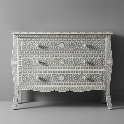 Bone Inlay Floral Design 3 Drawers Curved Leg Dresser Table Grey