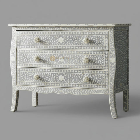 Bone Inlay Floral Design 3 Drawers Curved Leg Dresser Table Grey