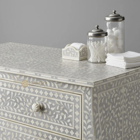 Bone Inlay Floral Design 3 Drawers Curved Leg Dresser Table Grey with Topper