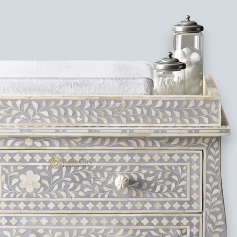 Bone Inlay Floral Design 3 Drawers Curved Leg Dresser Table Grey with Topper