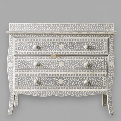 Bone Inlay Floral Design 3 Drawers Curved Leg Dresser Table Grey with Topper