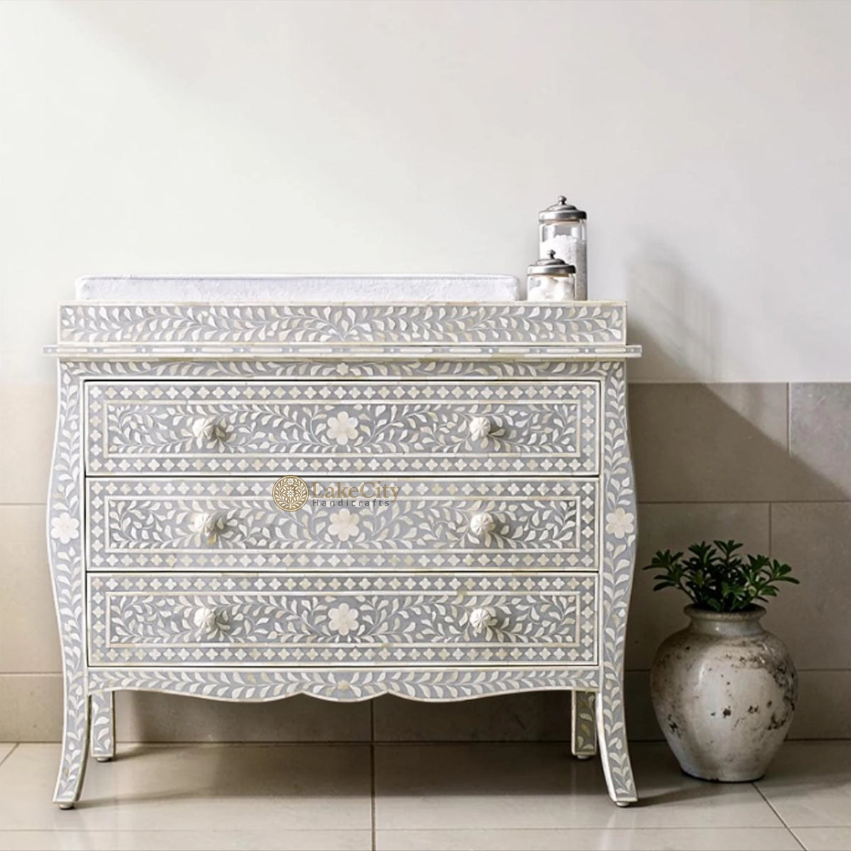 Bone Inlay Floral Design 3 Drawers Curved Leg Dresser Table Grey with Topper